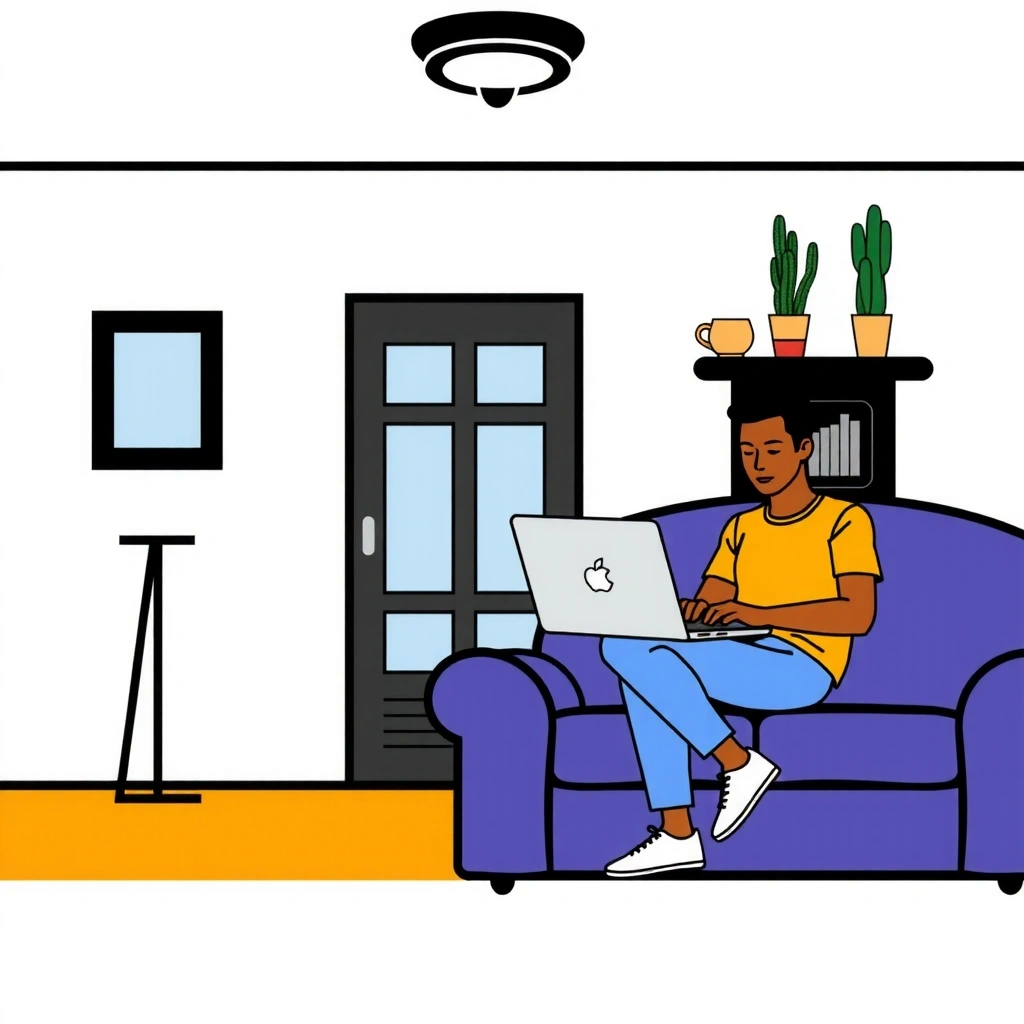 Gemütliches Zuhause mit einer Person, die auf einem Sofa sitzt und einen Laptop benutzt.