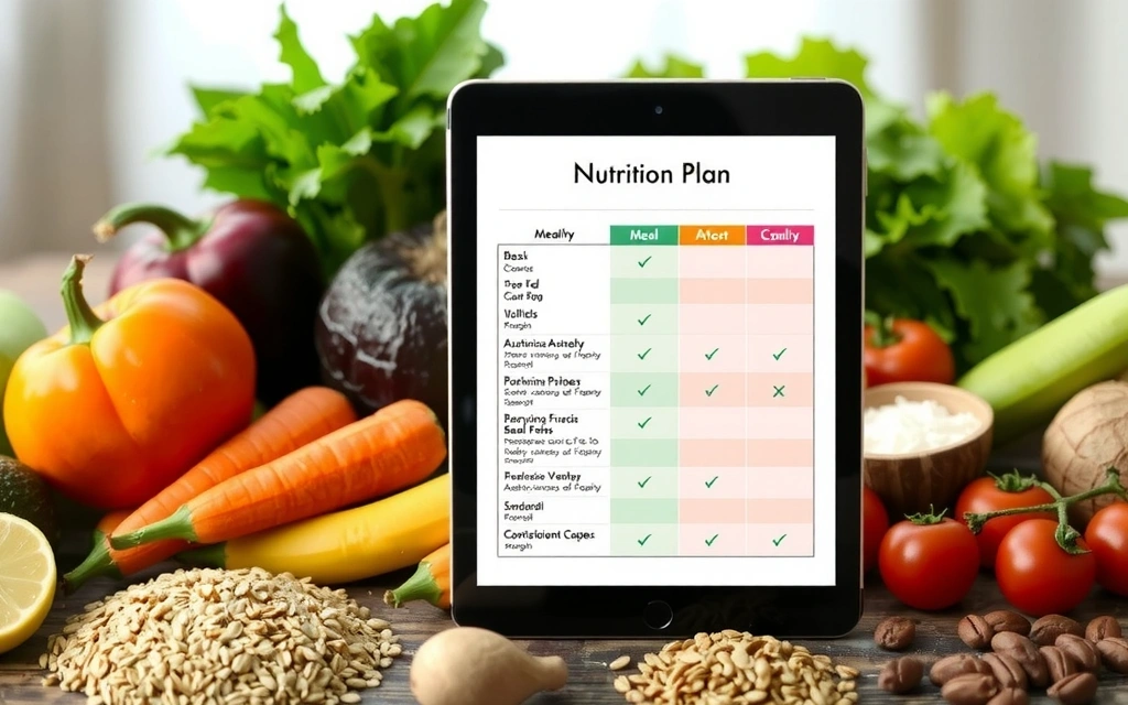Ein Ernährungsplan auf einem Tablet mit gesunden Lebensmitteln im Hintergrund